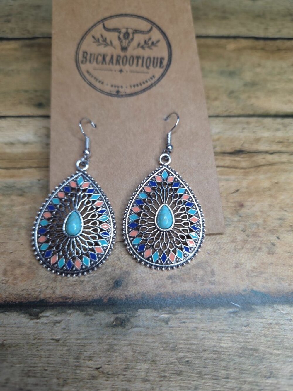 Western Boho Mosaic Teardrop Earrings Turquoise Southwest Cowgirl Rodeo Jewelry